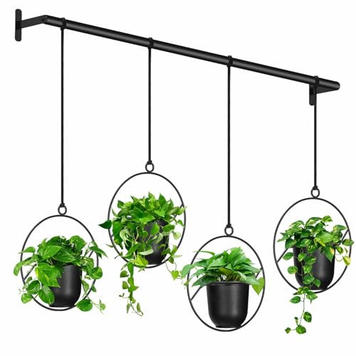 Mutool Lot de 4 Pots de Fleurs à Suspendre pour Jardin d'herbes aromatiques d'intérieur avec Pots en mélamine, Corde de Suspension et Support de Plante Moderne à Suspendre au Mur et au Plafond, Noir