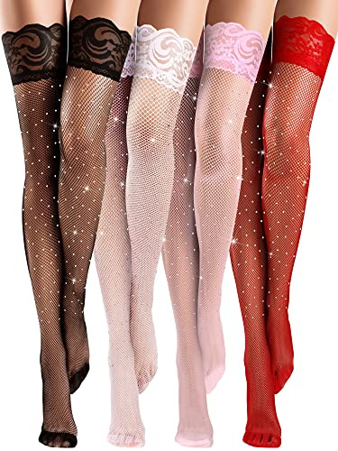 Bencailor 4 Paia Calze Autoreggenti a Rete Velate a Coscia con Top in Pizzo Silicone per Donna (Nero, Bianco, Rosso, Rosa, M)