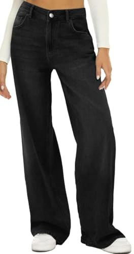 HDLTE Women's High Waist Baggy Boyfriend Jeans - Wide Leg Loose Denim Pants with Pockets(Black,Large)