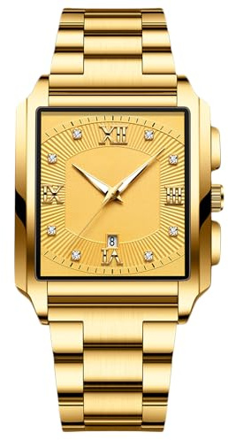 RORIOS Montre Carrée pour Homme - Quartz Étanche Élégant avec Diamant, Lumineuse, Vintage - Bracelet en Acier Inoxydable Or