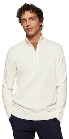 Polo Club Jersey Beige con Cierre de Media Cremallera y Cuello Alto - Jersei con Logo Bordado para Hombre - Suéter Manga Larga 100% algodón