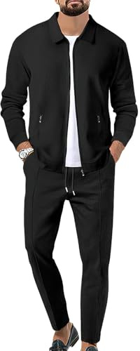aromm Uomo Tute da Ginnastica Waffle Manica Lunga Cerniera Giacca & Pantaloni Set di 2 Pezzi Nero per Casual Sport Lavoro, XXL