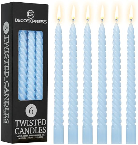 DECO EXPRESS Stabkerzen Set 3er oder 6er Tropffreie Stabkerzen Gedrehte Spiralkerzen Bunte Kerzen Brenndauer 6 Stunden Unparfümiert (Babyblau – 6er-Pack)