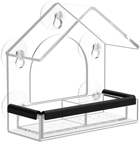 LIANGPIN Clear Window Bird Feeder with 5 Strong Suction Cups, Sturdy and Durable Acrylic Bird Feeders for Wild Small Birds only, as a Bird Watching Gift, Outdoor Bird Feeder, and Garden Decor