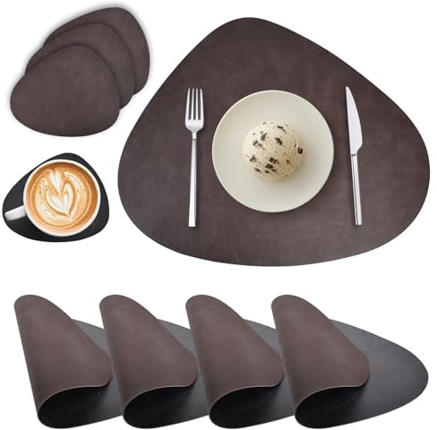 Tovagliette e Sottobicchieri Lavabili, Tovagliette Rotonde in Pelle PU, Tovagliette Bifacciale Impermeabile Resistenti al Calore Non-scivolose Tovagliette Americane (Set di 4, Nero Marrone Nero)