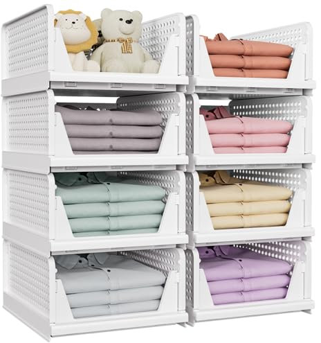 SNSLXH 8 Pack Stackable Closet Storage Boxes, Multifunctional & Foldable Closet Organizer for Bathroom Kitchen Laundry Room Wardrobe Storage, Space-Saving Wardrobe Drawer Organizer, White