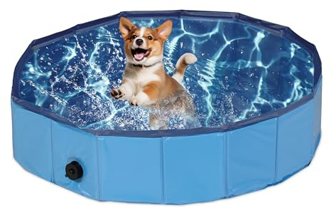 Relaxdays Piscina per Cani Taglia Piccola, 20x80 cm, Piscinetta Pieghevole con Scarico, Bagno in Giardino, PVC, MDF, Blu