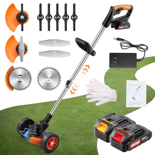 DKIEI Desbrozadora inalámbrica 3 en 1, cortacésped eléctrica de jardín con ruedas extraíbles, hoja de metal y 2 cortadoras de malezas de batería de 24 V para patio, herramientas de jardín ligeras de 3
