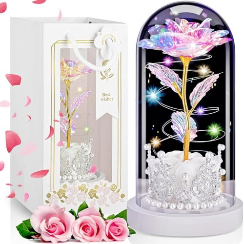 LinjunFa Eternal Rose-Forever Rose Gift Women,Birthday Gift for Women,Rose Gift for Her,Light Up Galaxy Roses in Glass,Beauty and The Beast Rose with LED Light,Flower Present for Women,Girlfriend