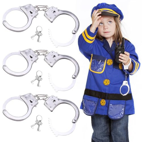 3 Stück Handschellen Kinder Handschellen Polizei Echt Stahl Profi,Metall Handschellen Kinder,Geeignet für Räuber- und Polizeispiele,Rollenspiele