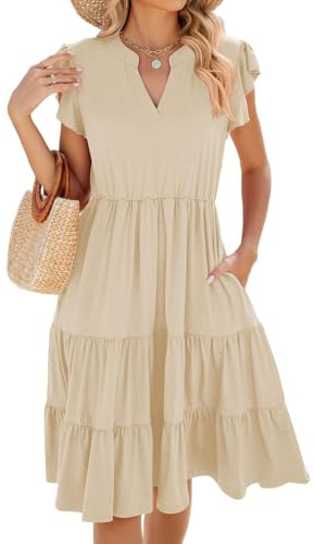 Yutdeng Vestido Corto Mujer Verano Casual Vestido Manga Corta Volantes Cuello V con Bolsillos Vestidos Camiseros Elegante Vestidos Sueltos A Line Vestidos de Mujer Vestido Playero,Beige,L