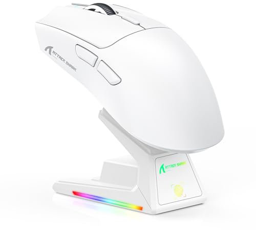 ATTACK SHARK X1 Ratón para Juegos con Base de Carga Magnética, Sensor PixArt PAW3395PRO, 40000DPI, Bluetooth/2,4G Wireless/Wired, 53g Superligero, Microinterruptores de 100M para PC/Xbox/Mac (Blanco)