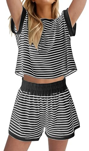 Famulily Pajamas for Women Cap Sleeve Pjs Sets Crewneck Striped Tops and Shorts 2 Piece Tracksuit with Pockets Black M