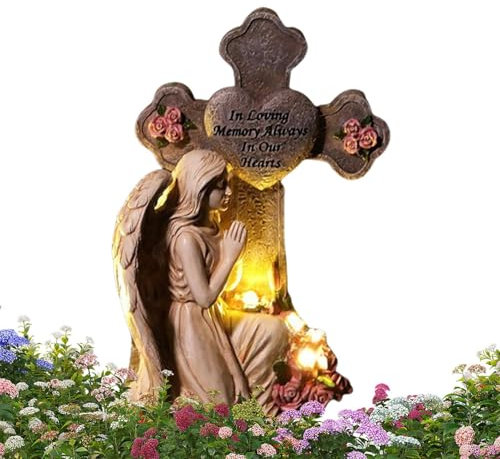 Estatua de ángel para jardín, estatua de ángel de memoria con luz cálida, decoración de tumba conmemorativa de condolencias para patio, césped
