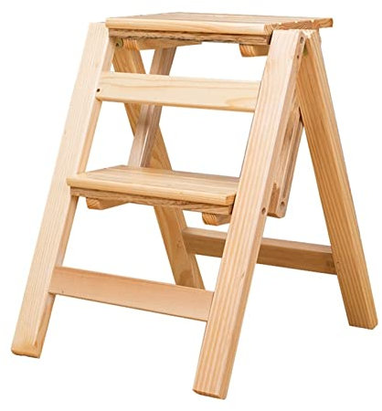2-Step Wooden Folding Stool Multifunctional Ladder for Home & Kitchen Space-Saving Chair Rack Portable Stepladder for Library & Stairway (Color: A)
