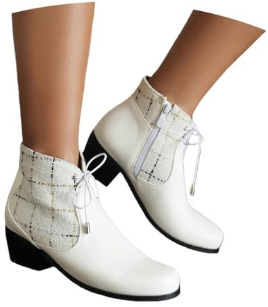 Botas De Mujer Con Cordones Y Cremallera Botines Chelsea Con Patchwork Botines De Cuero De PU Con Tacón Cuadrado Botas Cálidos Con Forro De Felpa Elegantes Zapatos De Tobillo for Fiestas(White,42 EU)