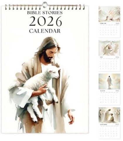 Arrovarp 2026 kristen väggkalender, 27 x 20 cm 12 månader Jesus kalender, månatlig planerare bibelhistorier papper hängbar, 2026 kristna bibelhistorier väggkalendrar för sovrum vardagsrum kyrka