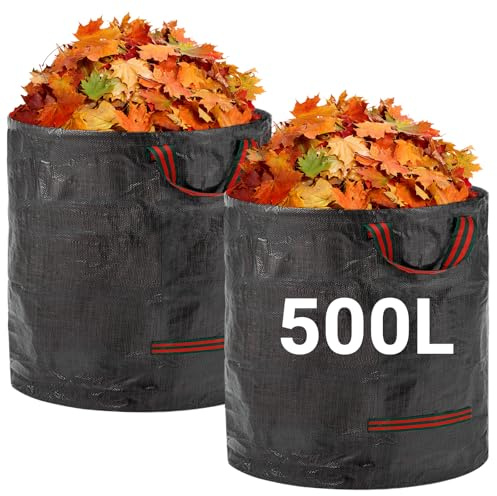 Velway Bolsas De Residuos De Jardín 500L X 2 - Reutilizables Con Asas, Tela Resistente Para Hojas, Basura Y Escombros, Bolsas Impermeables De Jardín Negro