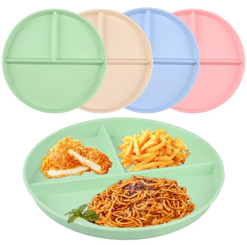 PULIANGLIU 4 stycken tallrikar med uppdelning, 22,5 cm portionstallrikar set, återanvändbar delad menytallrik delad tallrik, återanvändbar 3 fack, mikrovågsugnar och diskmaskinssäker (4 färger)
