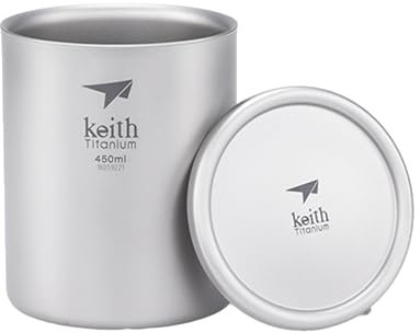 Keith Titanium Doppelwandiger Titanbecher 450 ml, Ti3303, Isolierter Kaffee-Reisebecher mit Deckel, Tragbares Trinkgeschirr für Tee und Kaffee, Ideal für Camping, Picknick, Rucksackreisen und Trekking