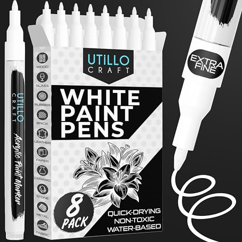 Utillo Craft White Paint Pen (8-Pack) Extra Fine 0.7mm | White Paint Markers for Metal, Fabric, Wood, Glass, Paper, Plastic, Rock, Leather | Bold Color Permanent White Acrylic Paint Pen | Artist DIY