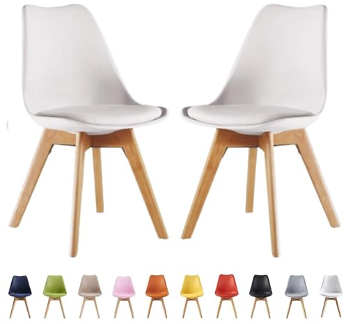 Single Set of 2/4/6 Retro Modern Dining Chairs – Lorenzo Plastic Chairs with Cushioned Pad Seat & Solid Beech Wooden Legs - Side Chair for Living Room Kitchen Office Lounge (White, Pack of 2)
