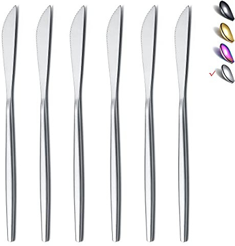 HOMQUEN Coltello da Tavola 6 Pezzi, Coltello da Tavola in Acciaio Inossidabile Argento Opaco, Robusto Coltello da Burro, Coltello da Burro dal Design Moderno (Argento Opaco-8,9 Pollici)