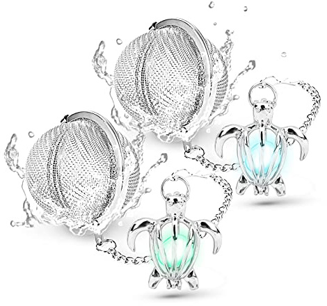 TeaSanavie 2 st tesil lösa blad te brantare rostfritt stål teboll nät tesil silver lyser i mörkret sköldpadda hänge tefilter med utökad kedjekrok för brygd fint löst te lämna