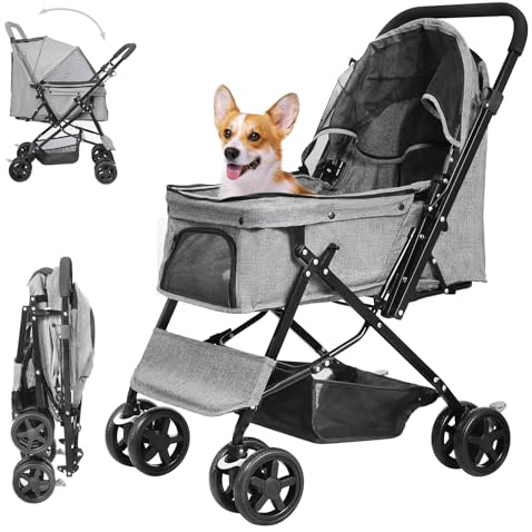 LPOTIUS Lightweight Dog Stroller with Reversible Handle for Medium Small Dogs and Cats, Foldable Pet Stroller Travel Carriage with Large Storage Basket, 4 Wheels, Linen Gray