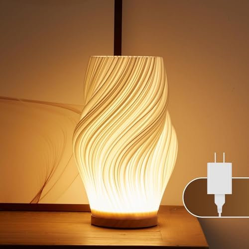 UYKKE Nachttischlampe mit Holzsockel Tischlampe mit Knopfsteuerung für Schlafzimmer, 12-stufig dimmbare Nachttischlampe mit PLA-Lampenschirm für Wohnzimmer (Weiß-D, groß)