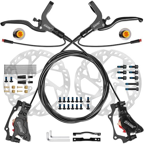 DYISLAND E-Bike Hydraulic Disc Brake Set 4-Pistons/2-Pistons, 2-PIN/3-PIN Pre-Bled with Mineral Oil Brakes Kit，Front and Rear Set，with 180mm 2.3mm Thick Rotors（Black/3-PIN/4-Pistons)