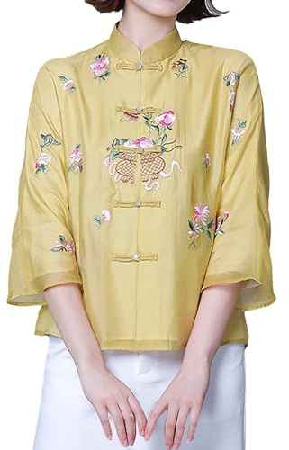 Genérico Camisa De Seda Vestido de té Chino Antiguo para Mujer, Primavera/Verano, Retro, Bordado Chino, Mejorado, Tang Camisetas De Vestir Mujer (Yellow, XXL)