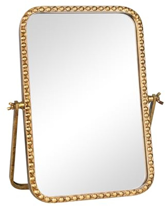 GIFTTROVE Vintage Desk Makeup Mirror, 12 L x 7.9 W Antique Gold Vanity Table Mirror, Metal Framed Rectangular Small Standing Mirrors with Beaded, 360 Adjustable Rotation for Tabletop, Bedroom