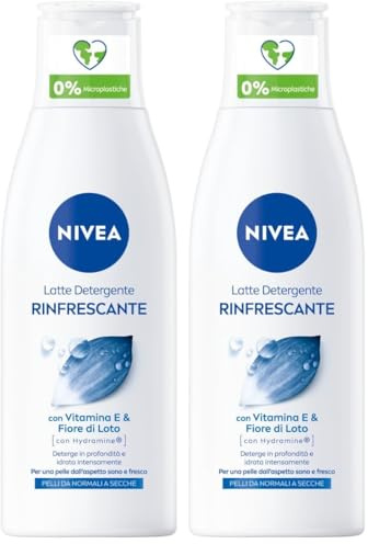NIVEA Latte Detergente Idratante da 200 ml, Latte Detergente Viso Ideale Anche per Trucco Waterproof, Latte Detergente Arricchito con Acqua Purificata e Fiori di Loto (Confezione da 2)