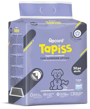Record Tapiss Tappetini per Cani Usa e Getta Ultra Assorbenti ai Carboni Attivi con Base Impermeabile. Traverse per cani con Pura cellulosa e Angoli Adesivi|Confezione 50 tappetini, Misure 60 x 90 cm