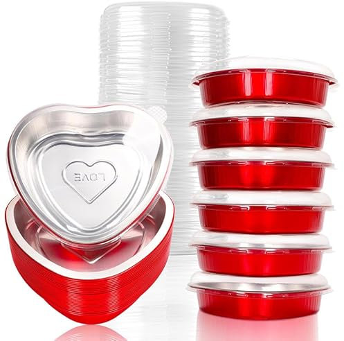 Ucuse Confezione da 12 teglie per torte a forma di cuore da 20,3 cm, con coperchio, 652 g, grandi, usa e getta, in alluminio, per San Valentino e festa della mamma, kit di cottura per San Valentino