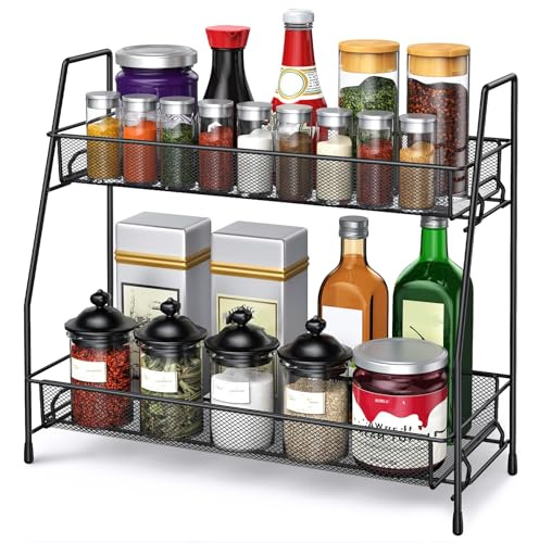 HorHer 2 Tier Spice Racks Organiser – Free Standing Storage Organizer Metal Racks for Kitchen Counter & Bathroom Countertop Black