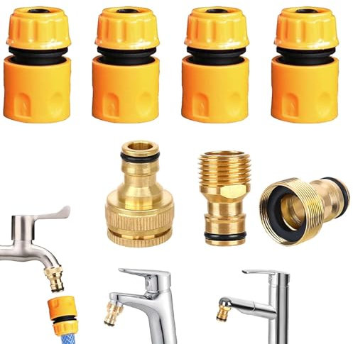 TREABEAR Juego de 7 Conectores de Manguera de Jardín, Adaptador de Grifo 1/2 y 3/4 2 En 1, Adaptador de Grifo de Jardín de 22 mm y 24 mm, Adaptador de Manguera de Latón de 1/2 Pulgadas, Acoplamiento