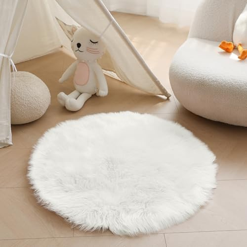 Obundi White High Pile Round Rugs 50cm Washable Circle Area Rugs | Faux fur, Non-slip ,Fluffy, Shaggy, Thick, Long Plush, Round rug, Circle rug, for bedroom, living room, kids room, bedside