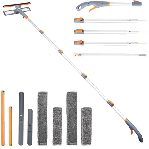 Eazer 3-in-1 Spray Window Squeegee, 76'' Window Cleaner Tool with 5-Section Extension Pole, Window Cleaning Kit with 4 Microfiber Cloth, Window Washing Equipment for Indoor/Outdoor Windows, Car Glass
