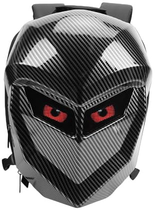 Asixxsix LED -motorcykelryggsäck, 17 Tum DIY Programmerbar Fullfärgshjälmhjälmryggsäck med LED -ögon, Vattentät Hårt Skal för Ridning Av Cykling Resan Bärbar Dator Förvaring (Kolfibermönster)
