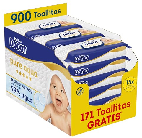 Dodot Pure Aqua Toallitas con Textura Suave para bebé, 900 toallitas (15 Packs de 60 unidades), con loción de 99% agua