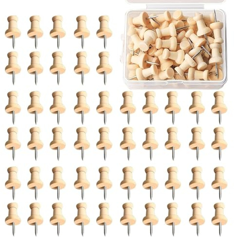 50 Pcs Wood Push Pins, Stainless Steel Wooden Thumb Tacks with Plastic Storage Box, Cork Bulletin Board Rustproof Drawing Pins Suitable for Office School Home Use Map Cork Notice Board(26m*10mm)