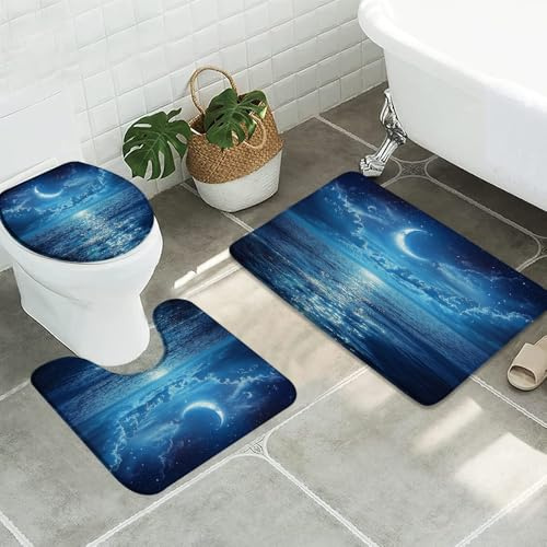 Juego De 3 Alfombrillas De Baño Estrellas Nocturnas Nubes Luna Naturaleza Paisaje Marino Náutico Olas del Mar Juego De Alfombrillas De Baño Imprimir Alfombras De Cama, para Bathroom, Cocina