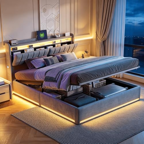 BRILVERDE Cama Canapé 140x190cm con Somier y LED RGB, Cama Doble con Cabecero Abatible, Compartimentos, USB y USB-C, Bolsillos Laterales, Almacenaje Hidráulico, Gris, Terciopelo