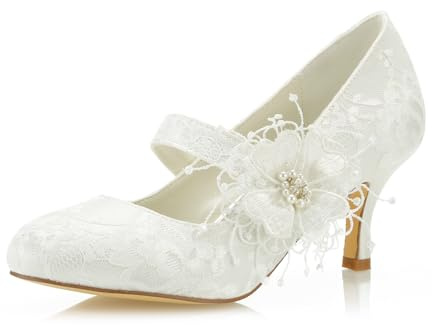 JIAJIA 586449B Kvinnors Brudskor Stängt Toe 6,5cm Stilettklack Spets Satäng Pumps Satäng Blomma Imitation Bröllopsskor Färg Elfenben,Storlek 37 EU (4 UK)