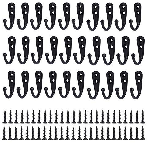 JZK 30 ganchos de pared de metal negro con tornillos, ganchos individuales para colgar ropa, tazas, utensilios, herramientas, toallas