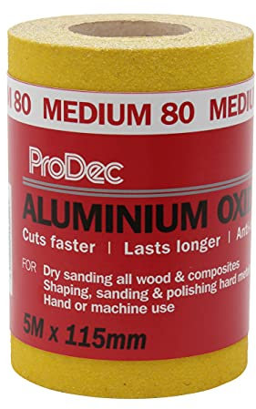 ProDec 5m Roll 80 Grit Medium Grade Yellow Aluminium Oxide Abrasive Sanding Paper for Sanding Wood, Paint, Plaster, Filler, Metal and More, 115mm Wide Sandpaper Compatible with Machine Sanders