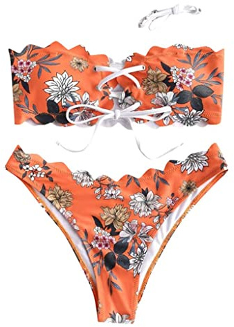 SoLu DAY8 Maillot De Bain Femme 2 Pieces Bandeau Bustier Sexy Bikini Uni Bresilien String Tanga Soutien Gorge Triangle Deux Brassiere Grande Taille Push Up Amincissant Shorty (Orange, S)
