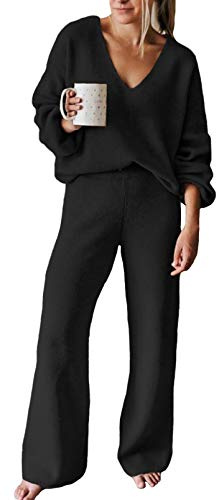 Viottiset Women's 2 Piece Outfits Casual V Neck Knit Wide Leg Sweater Lounge Set Sweatsuit Black Large